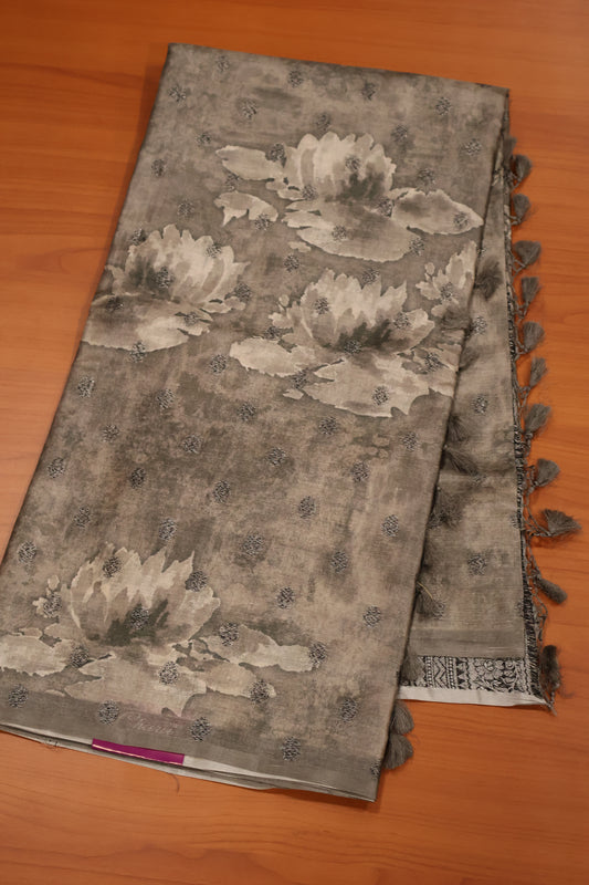 Pure Tussar Saree - Grey Oval Zari