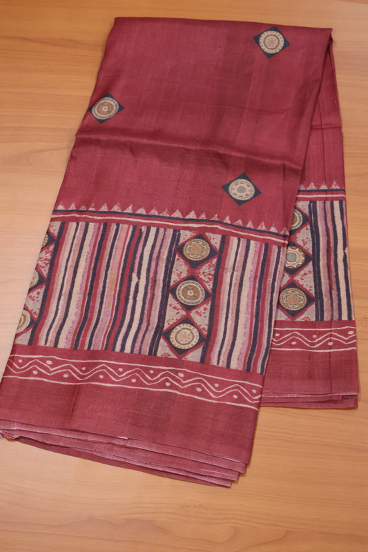 Pure Tussar Saree - Maroon Lines