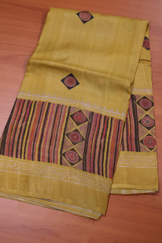 Pure Tussar Saree - Mustard Lines