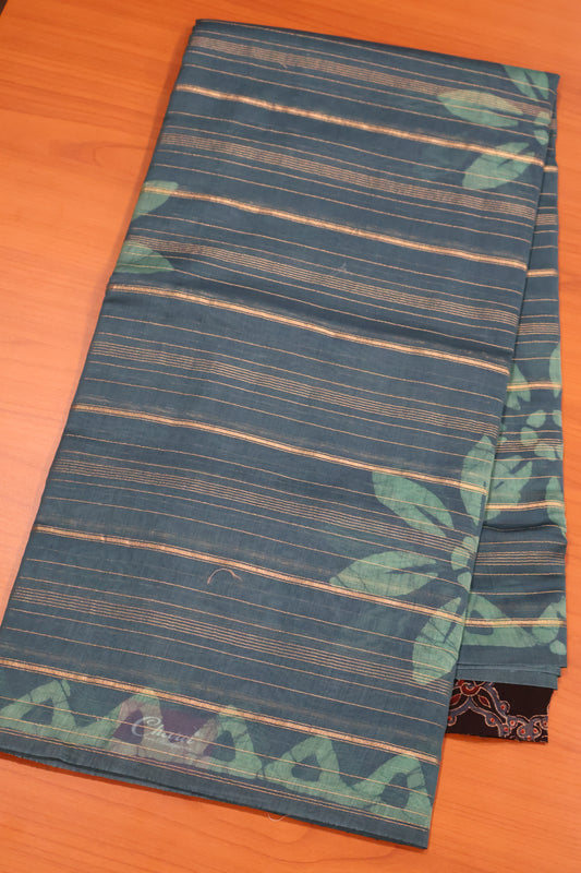 Pure Tussar Saree - Peacock Blue Floral Print
