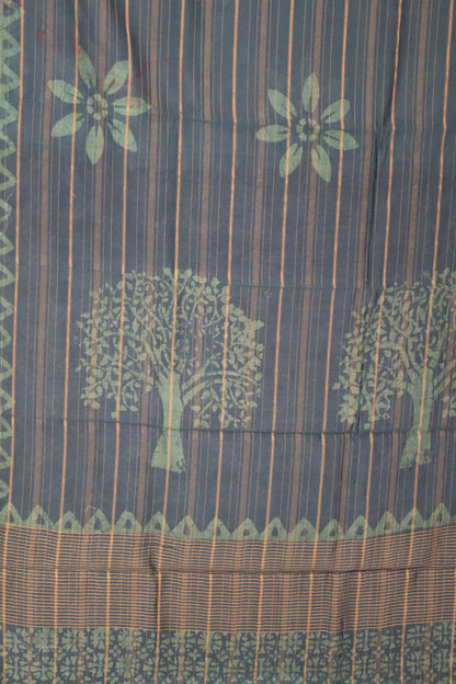Pure Tussar Saree - Peacock Blue Floral Print