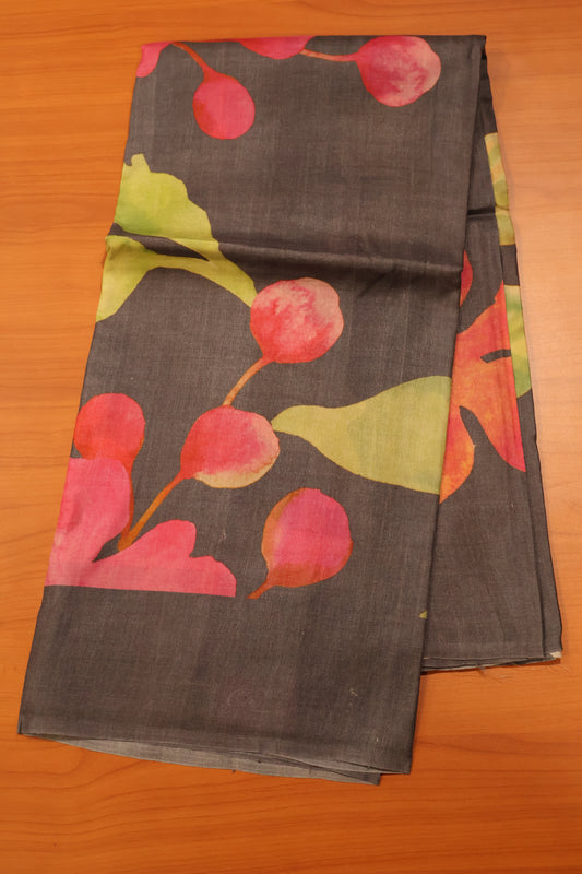 Pure Tussar Saree - Grey Floral Pattern