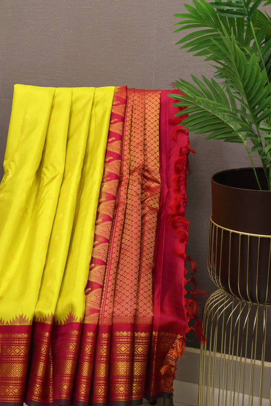 Pure Gadwal Silk Saree -Lemon Green-Red
