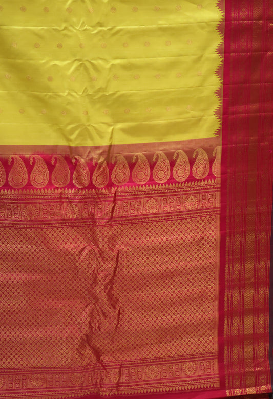 Pure Gadwal Silk Saree -Lemon Green-Red