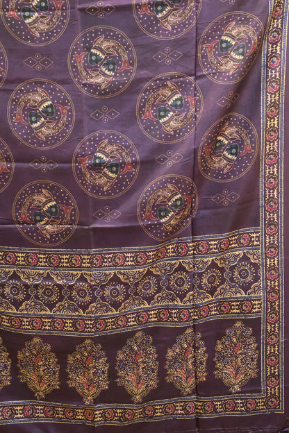 Paper Silk Saree-Purple Round Fish Pattern