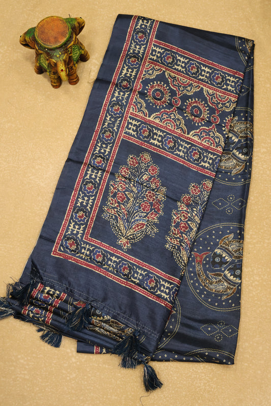 Paper Silk Saree-Blue Round Fish Pattern