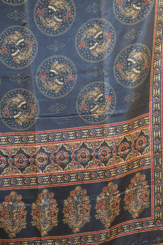 Paper Silk Saree-Blue Round Fish Pattern