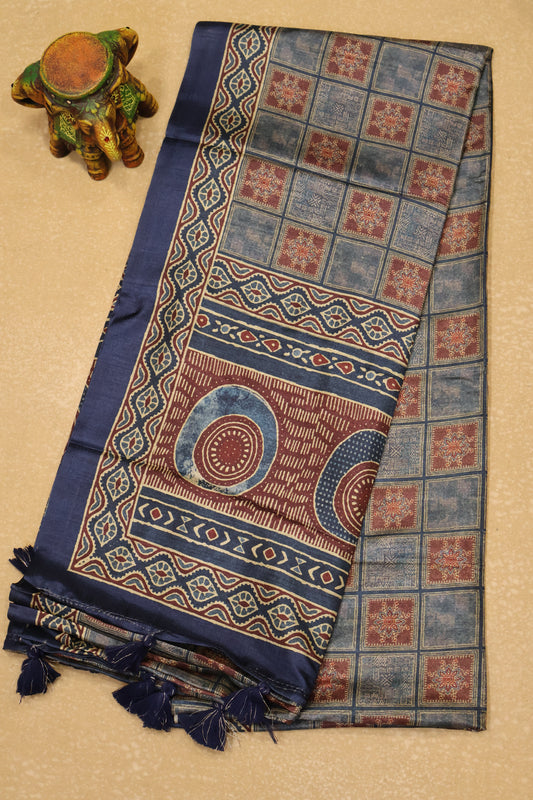 Paper Silk Saree-Blue Checks Pattern