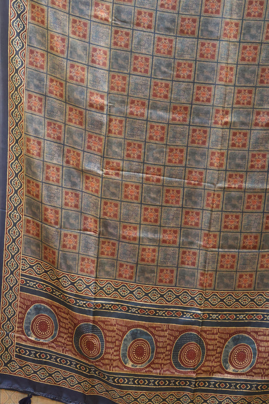 Paper Silk Saree-Blue Checks Pattern