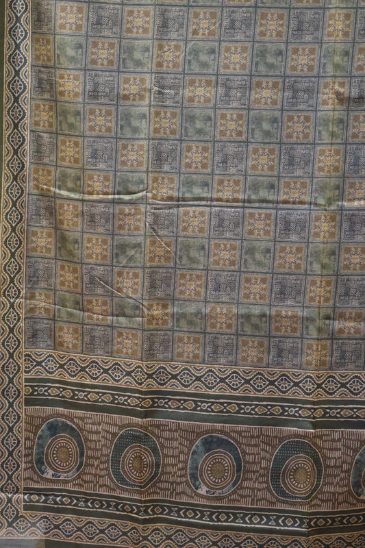 Paper Silk Saree-Green Checks Pattern