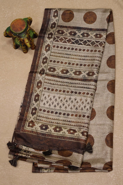 Paper Silk Saree-Brown Big Round Design