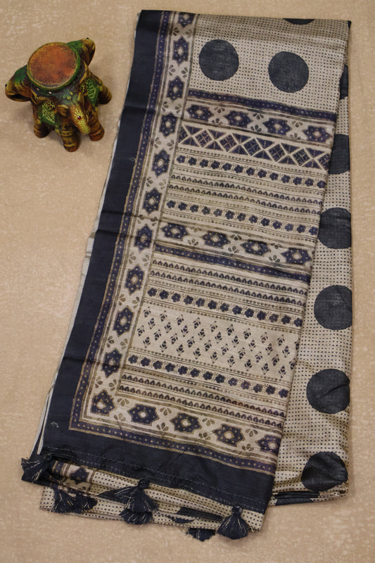 Paper Silk Saree-Black Big Round Design