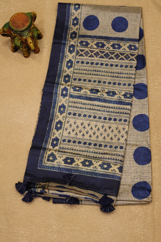 Paper Silk Saree-Blue Big Round Design