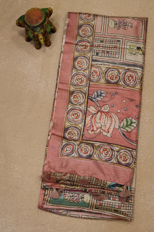 Paper Silk Saree-Muted Maroon Flower Round Design