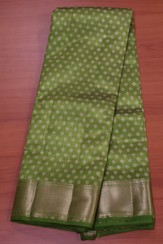 Semi Tussar Saree -Lite Green Lamp Bandhini