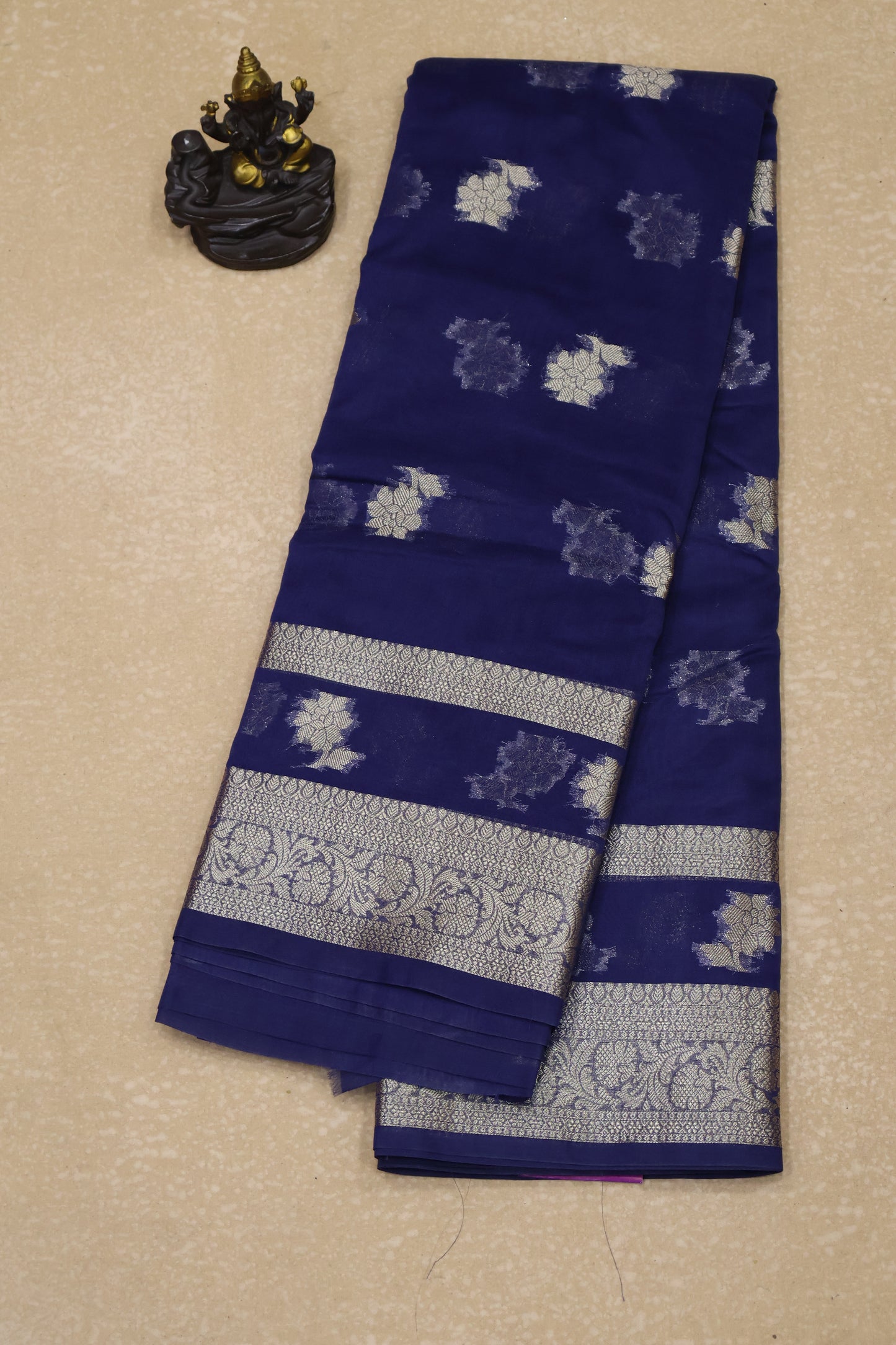 Banarasi Chanderi Saree-Blue Double Flower Border