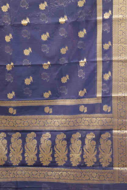 Banarasi Chanderi Saree-Blue Double Flower Border