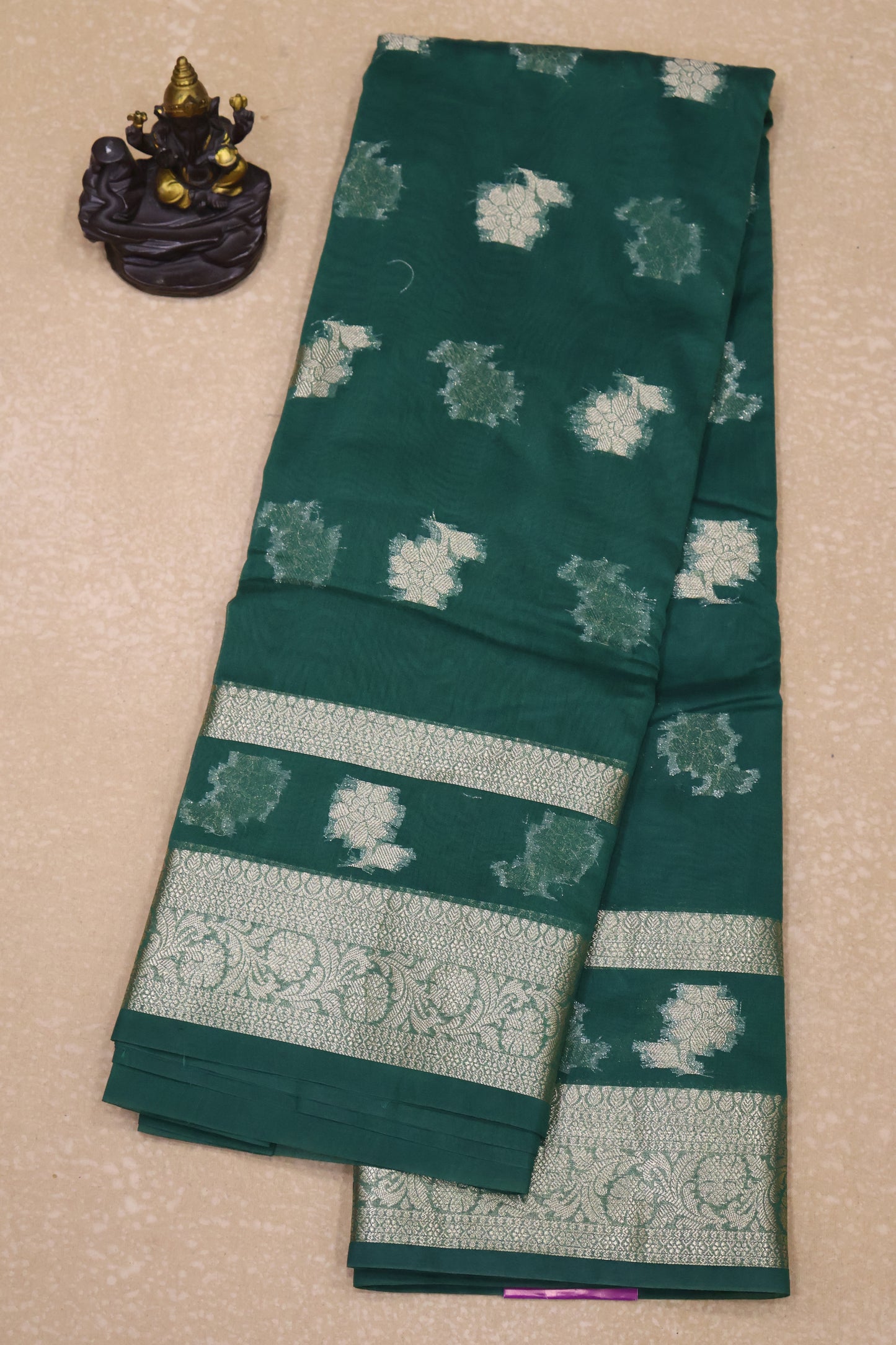 Banarasi Chanderi Saree-Green Double Flower Border