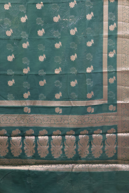 Banarasi Chanderi Saree-Green Double Flower Border