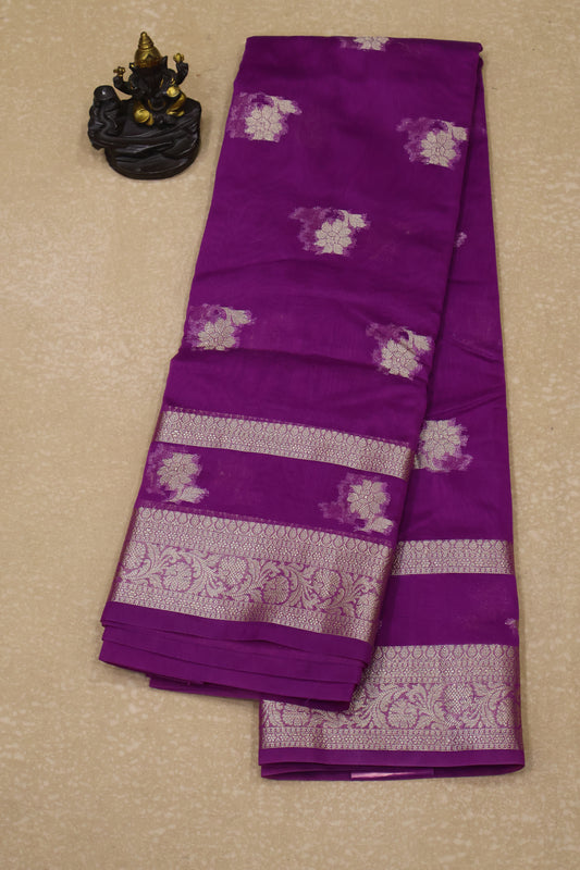 Banarasi Chanderi Saree-Purple Double Flower Border