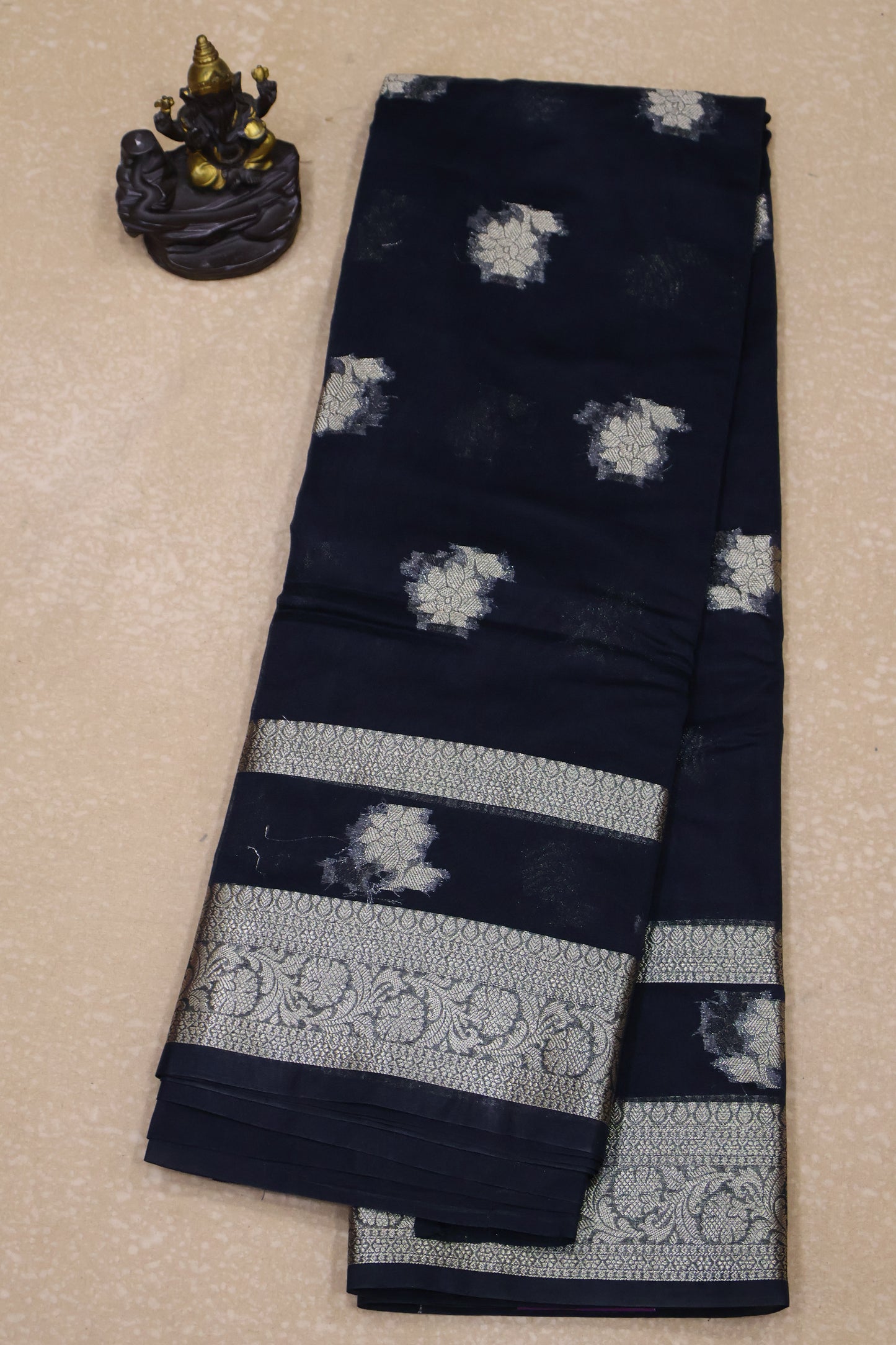 Banarasi Chanderi Saree-Black Double Flower Border