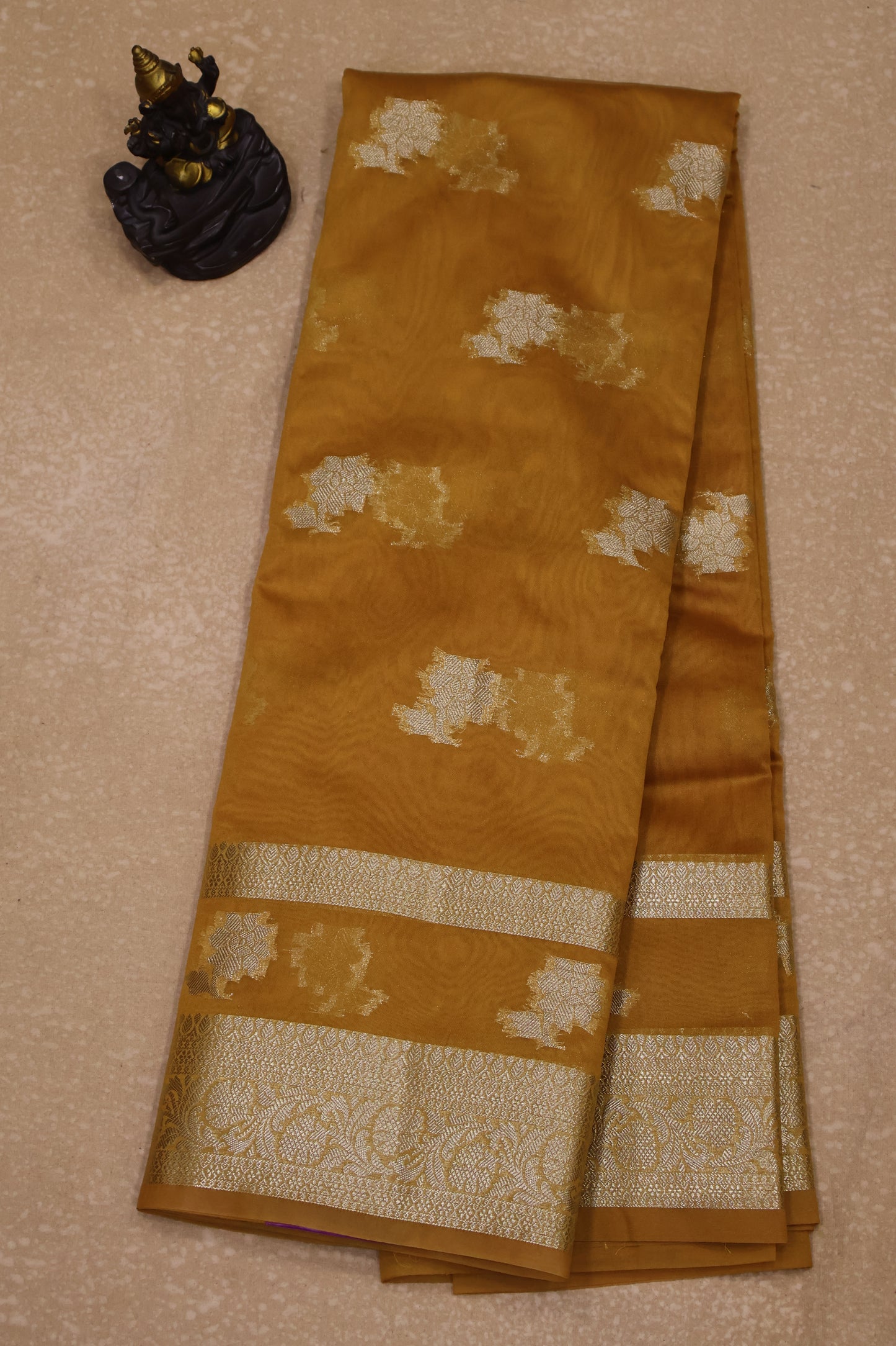 Banarasi Chanderi  Saree-Mustard Double Flower Border