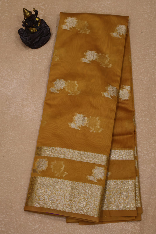 Banarasi Chanderi  Saree-Mustard Double Flower Border