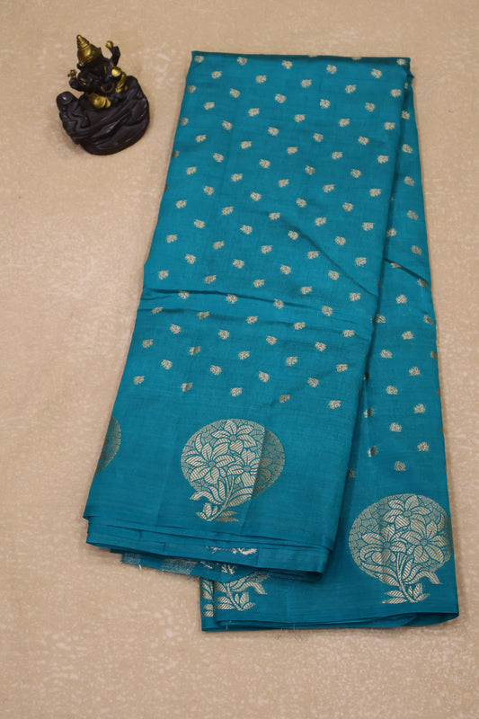 Semi Tussar Saree -Peacock Green Round Flower Design