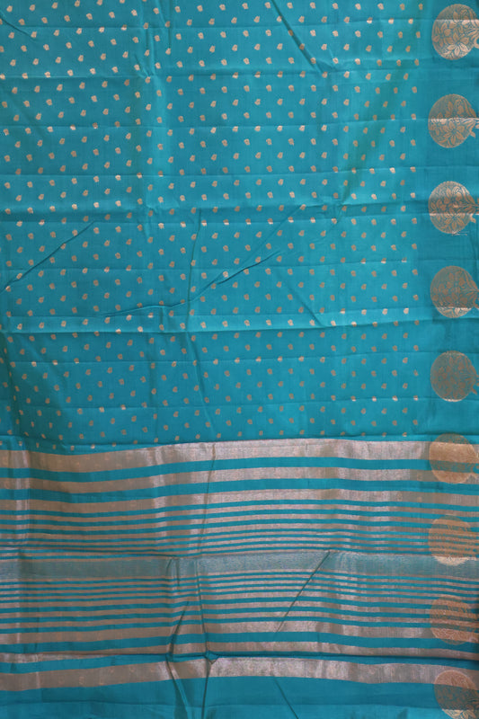 Semi Tussar Saree -Peacock Green Round Flower Design
