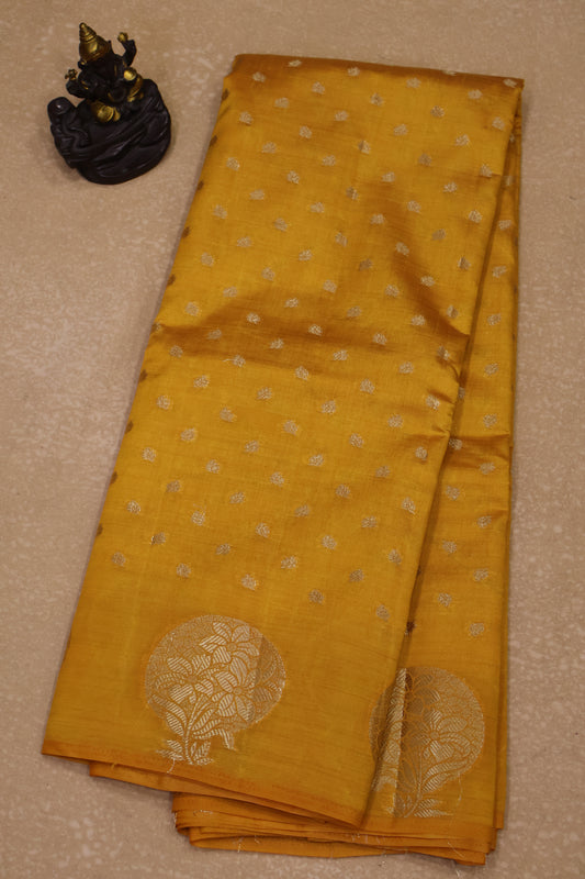Semi Tussar Saree -Mango Yellow Round Flower Design