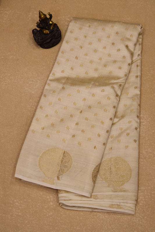 Semi Tussar Saree -Off White Round Flower Design