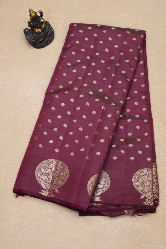 Semi Tussar Saree -Wine Round Flower Design