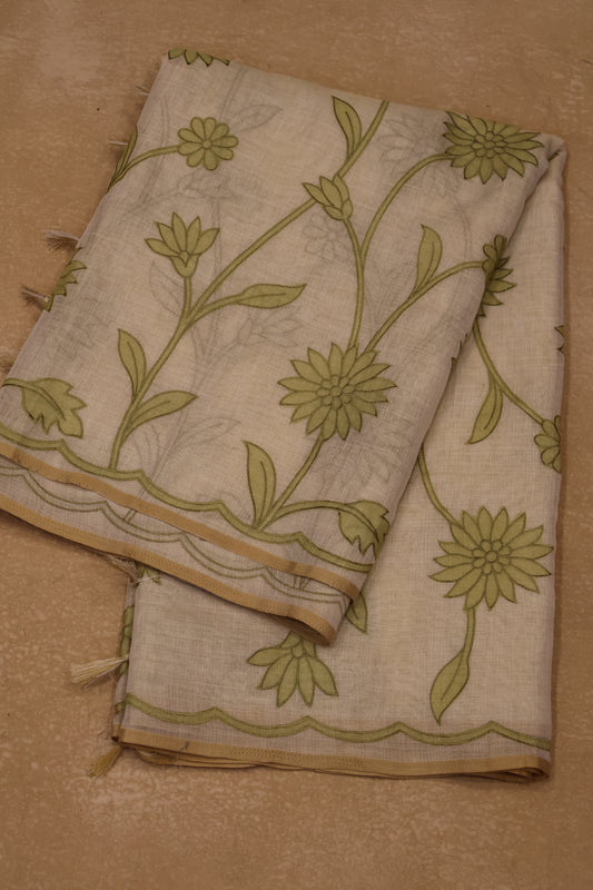 Tissue Linen Saree- Sandal-Green Sunflower