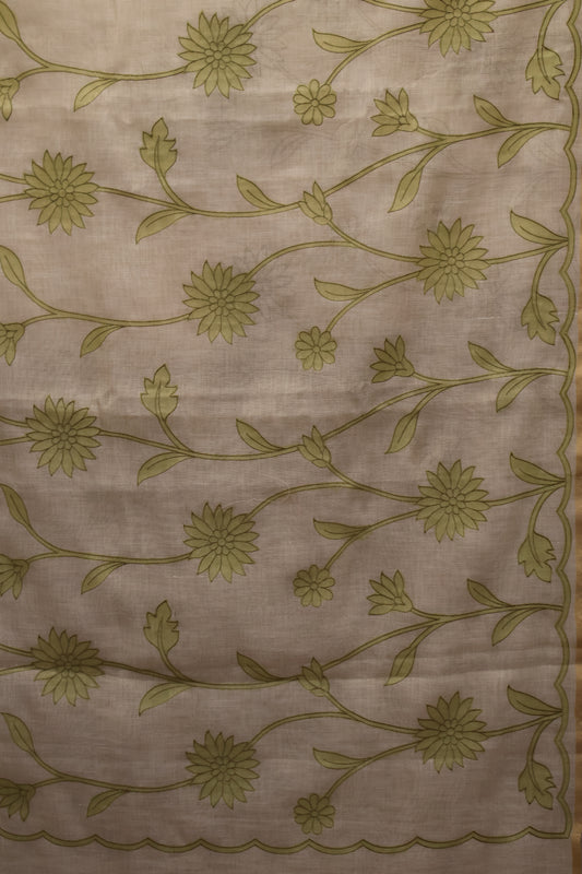 Tissue Linen Saree- Sandal-Green Sunflower
