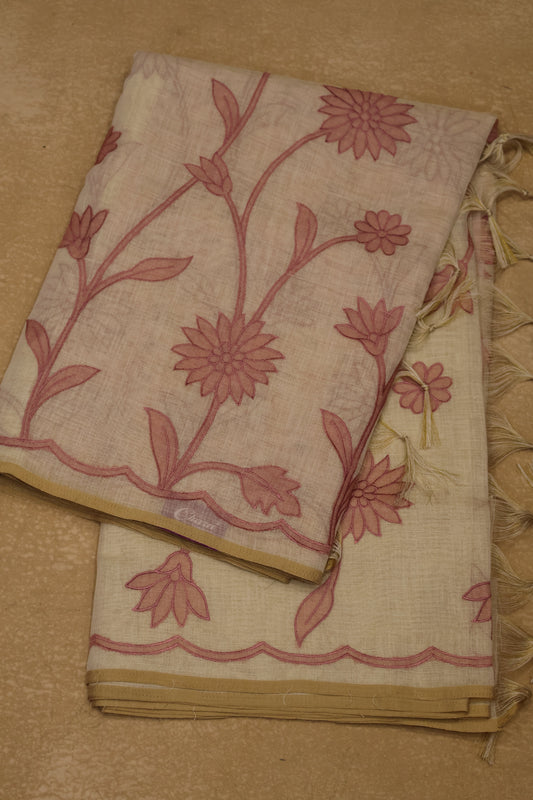 Tissue Linen Saree- Sandal-Pink Sunflower