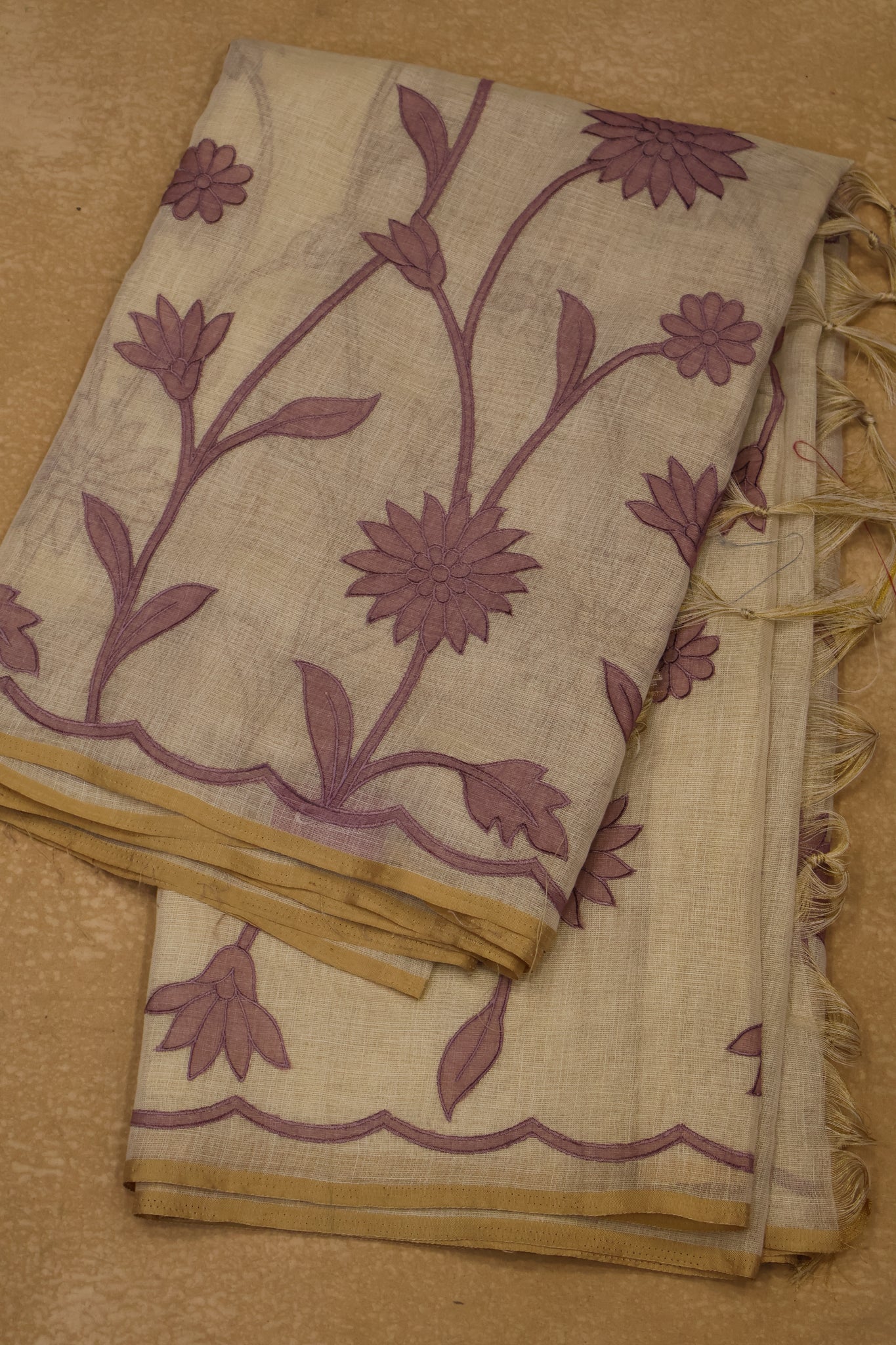 Tissue Linen Saree- Sandal-Purple Sunflower