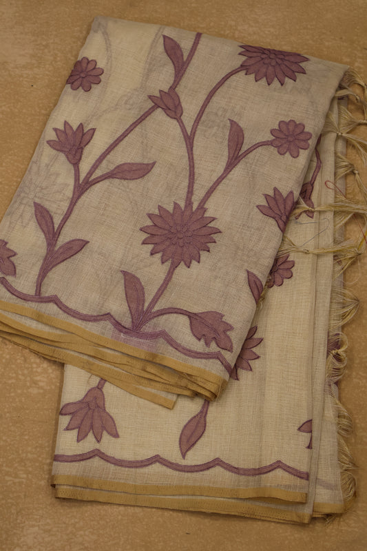 Tissue Linen Saree- Sandal-Purple Sunflower