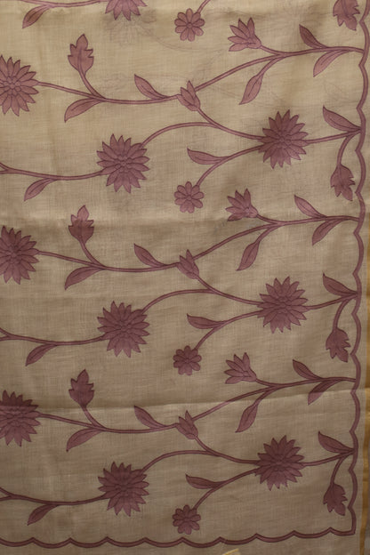 Tissue Linen Saree- Sandal-Purple Sunflower