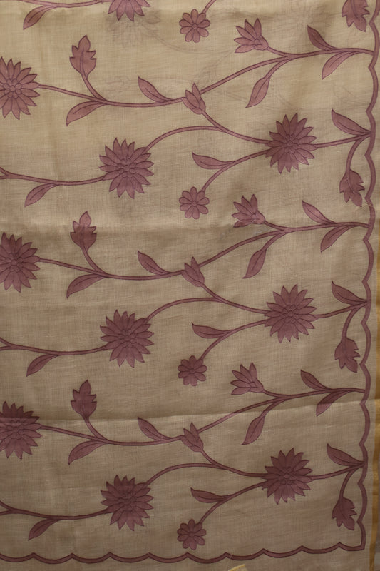 Tissue Linen Saree- Sandal-Purple Sunflower