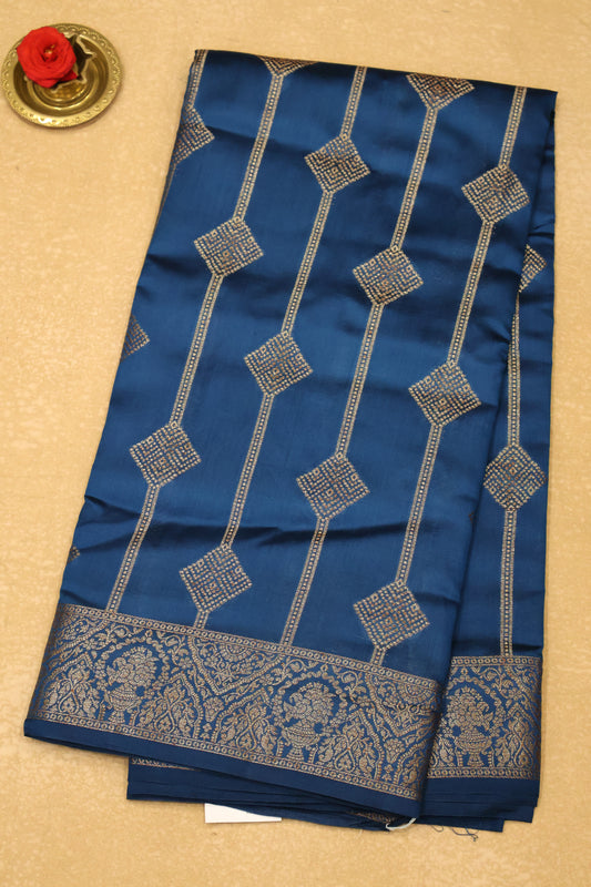 Pure Banarasi Saree Chiniya Silk - Peacock Blue Diamond Motif