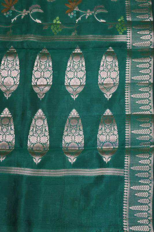 Banarasi Tussar - Dark Green Vineyard Pattern