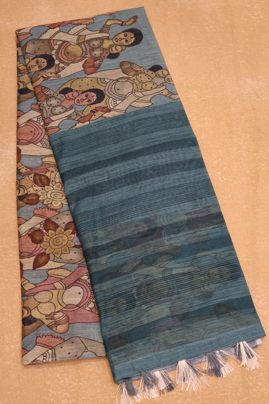 Semi Linen Saree - Penn kalamkari Pattern-Sea blue