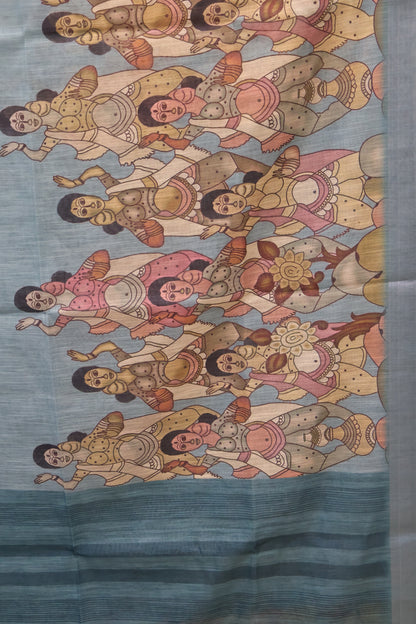 Semi Linen Saree - Penn kalamkari Pattern-Sea blue