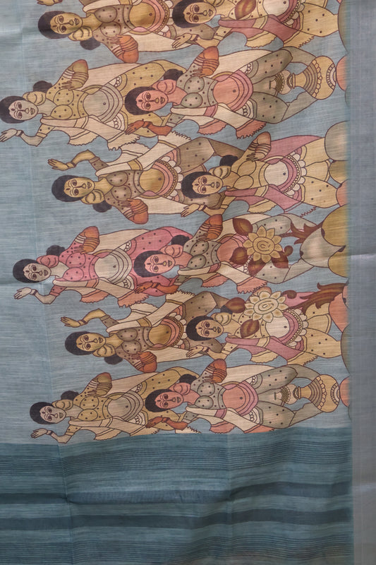 Semi Linen Saree - Penn kalamkari Pattern-Sea blue