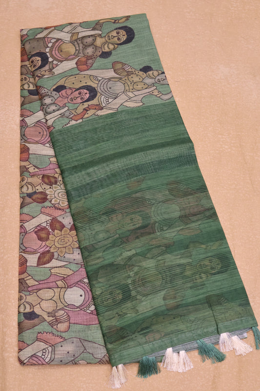 Semi Linen Saree - Penn kalamkari Pattern-Green