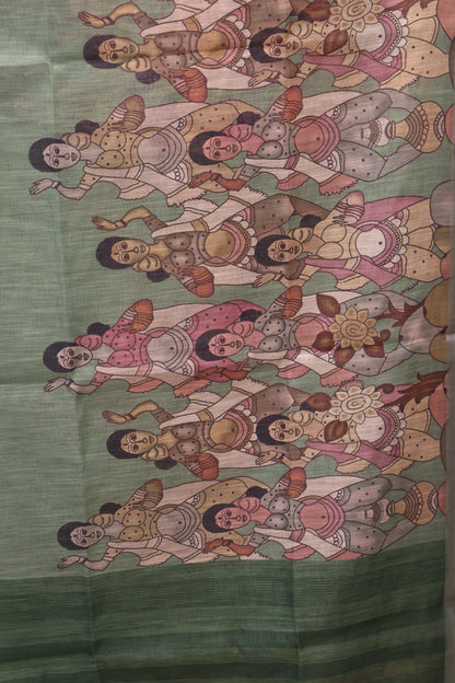 Semi Linen Saree - Penn kalamkari Pattern-Green