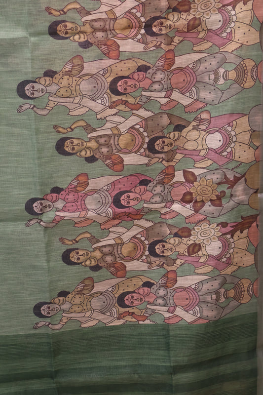 Semi Linen Saree - Penn kalamkari Pattern-Green