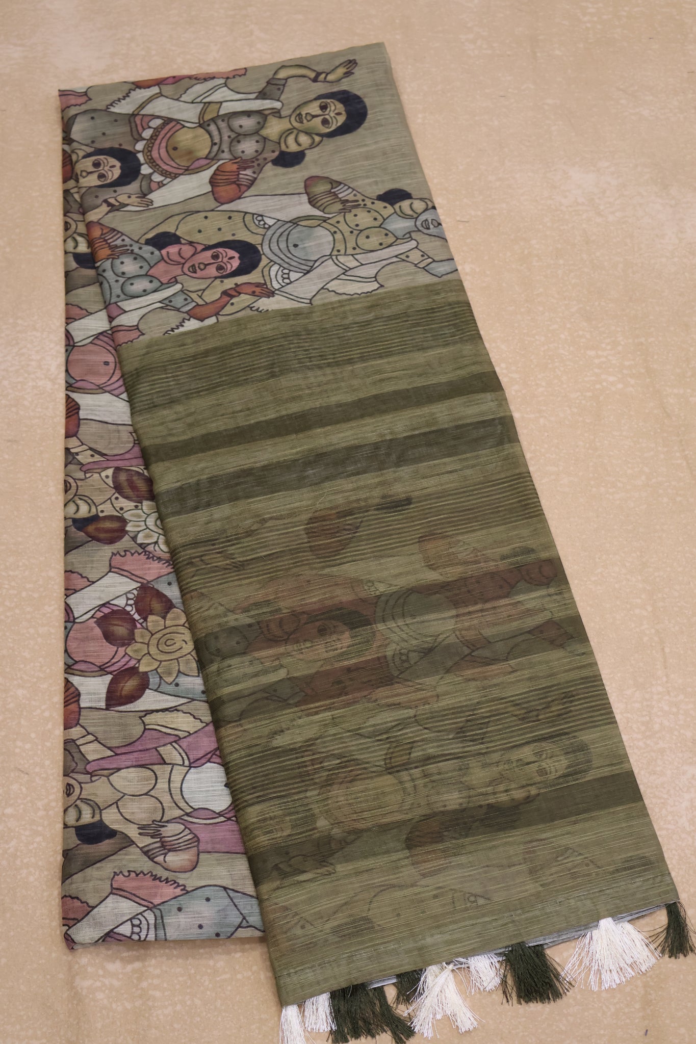 Semi Linen Saree - Penn kalamkari Pattern- Mehandi Green