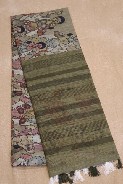 Semi Linen Saree - Penn kalamkari Pattern- Mehandi Green