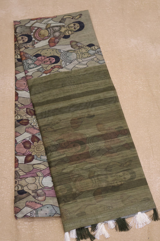 Semi Linen Saree - Penn kalamkari Pattern- Mehandi Green
